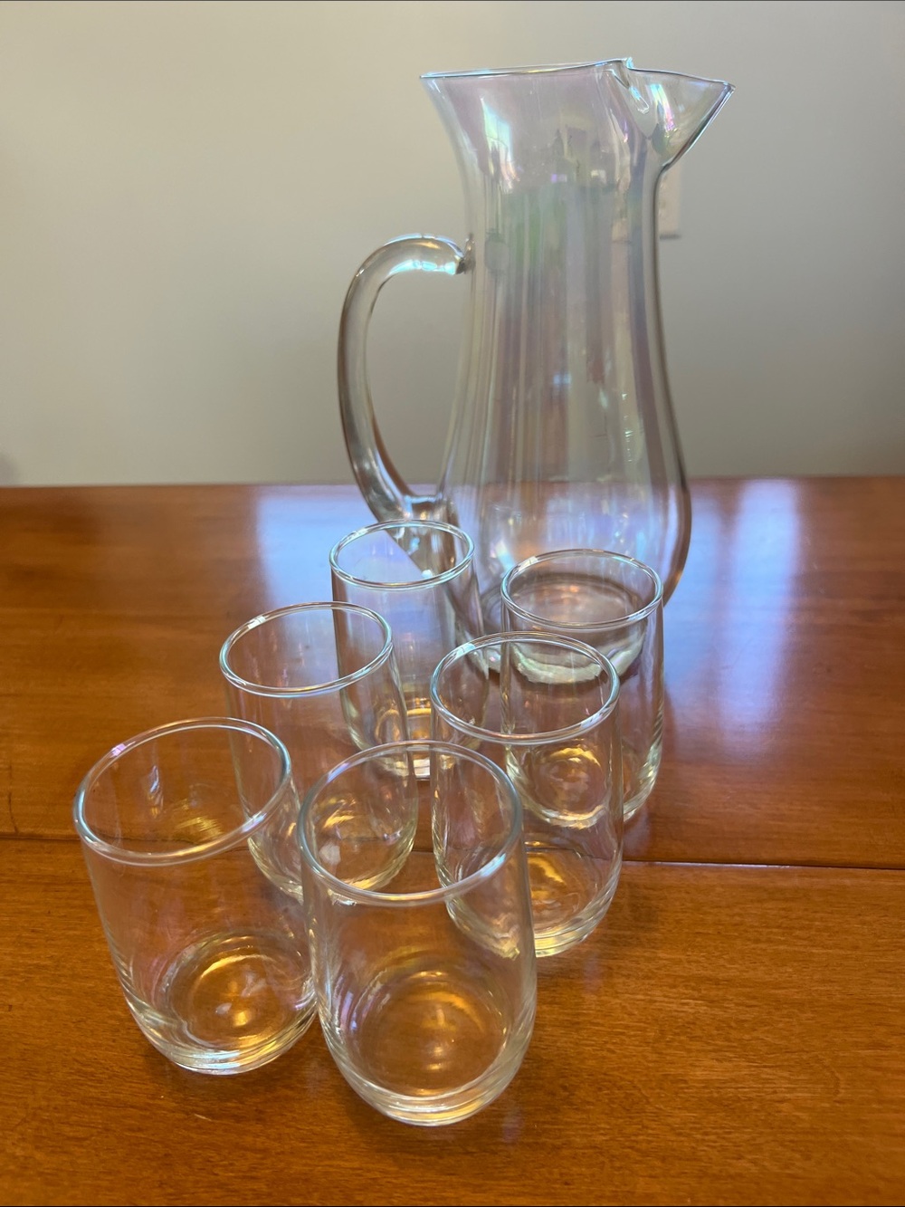 Vintage Clear Glass Pitcher with Six Clear Tumblers
